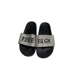 True Religion silver rhinestone Meyer logo slide slip on sandals size 11